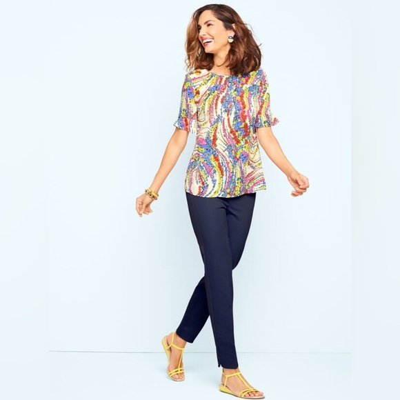 Talbots Swirling Floral Ruffle Sleeve Popover Blouse - Picture 2 of 11